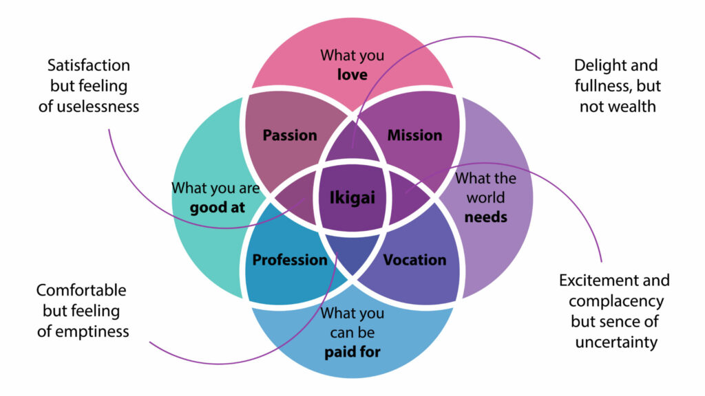 Visual infographic of Ikigai tool and the four questions.
